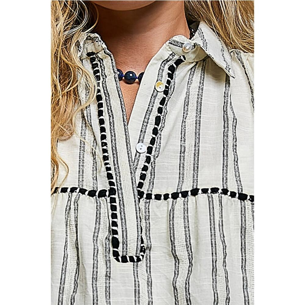 POL Collared Neck Stripe Soft Ruffle Stitch Sleeveless Shirt Top - Picture 6 of 6